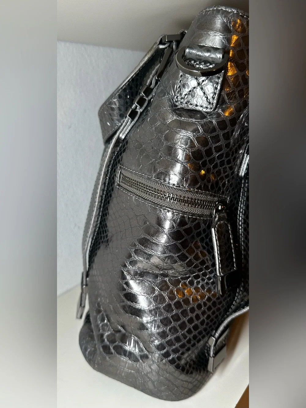Michael Kors Glossy Black Snake-Embossed Shoulder Bag